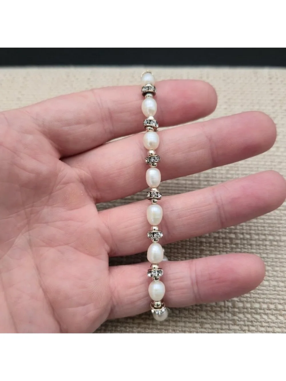7.5 Inch Sterling Silver Freshwater Pearl Crystal Rondelle Spacer Bracelet A8159